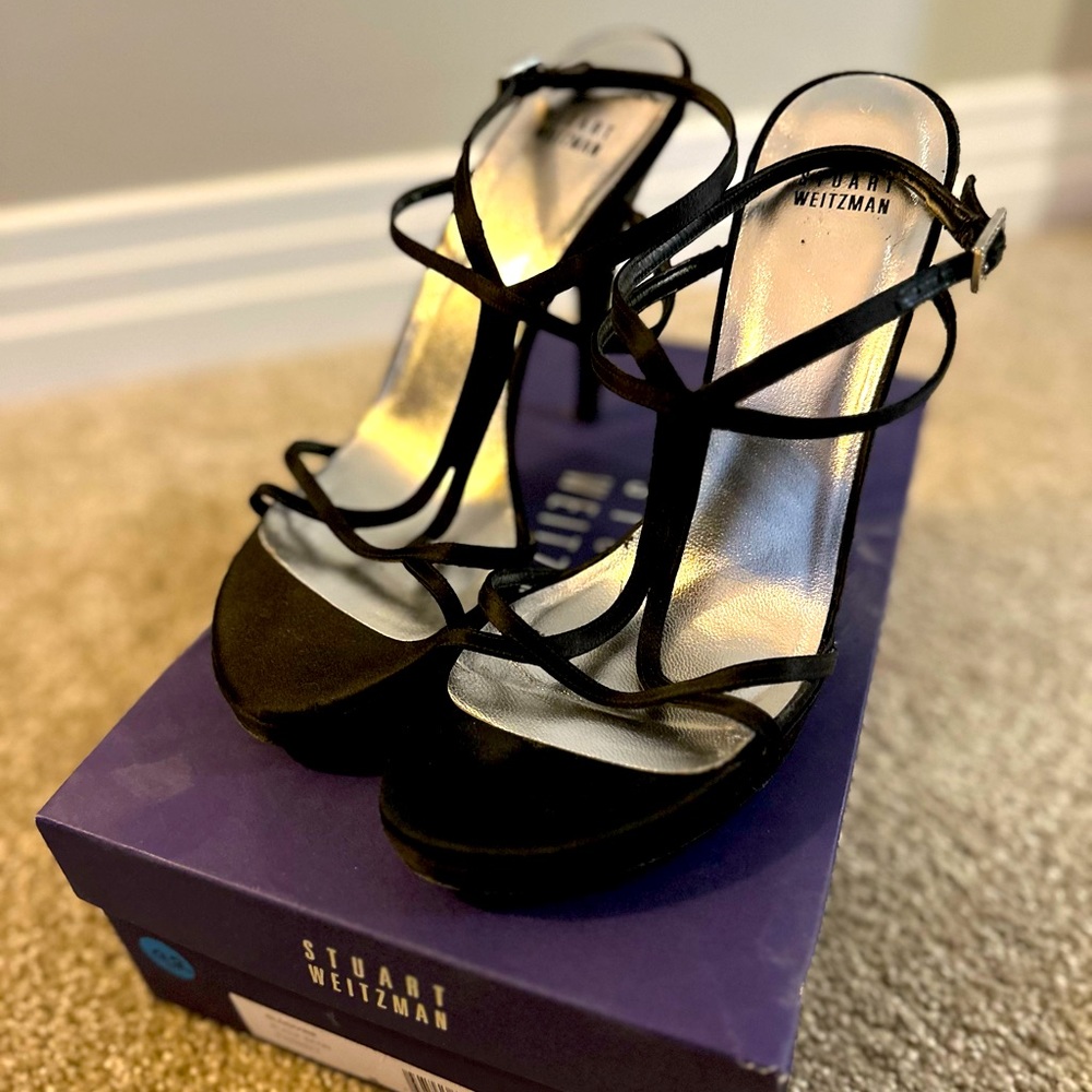 Authentic Stuart Weitzman Glodivine Black Satin strappy stilettos